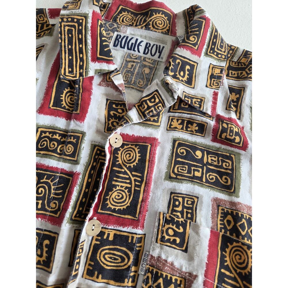 Vintage Bugle Boy Ramie Cotton MCM Tiki Geometric Button Up Shirt Mens Medium